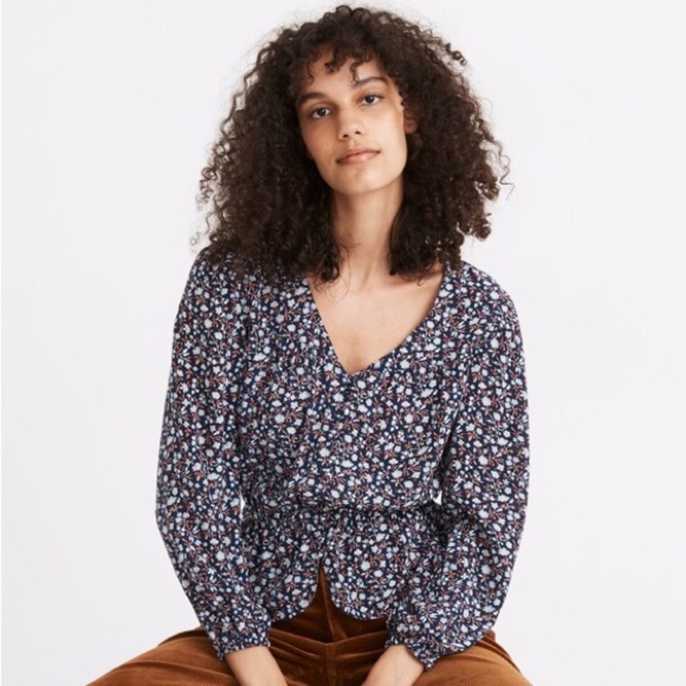 Madewell Silk Button-Front Peplum Top in Harvest Vine Navy Small